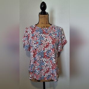 LOFT Floral Short-Sleeve Crewneck Top in Red, Blue, White